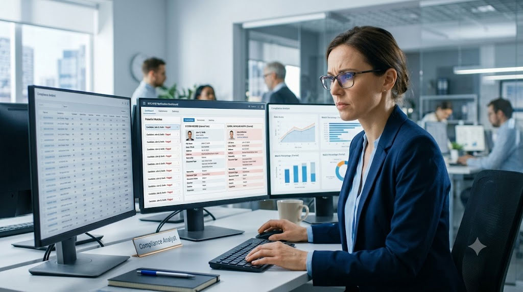 Compliance professional reviewing identity details in possible database matches