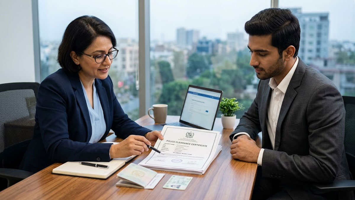 HR professional reviewing a police clearance certificate for international hiring