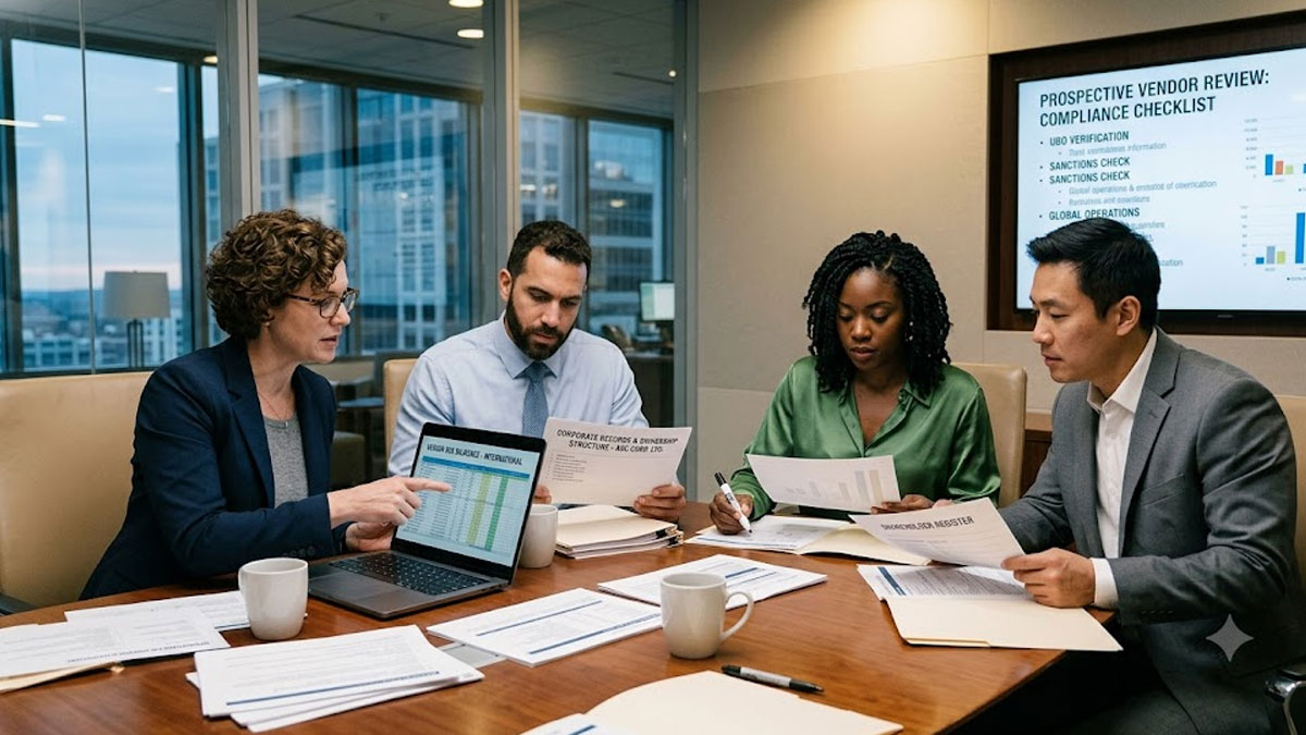 Compliance team reviewing vendor due diligence information before market entry