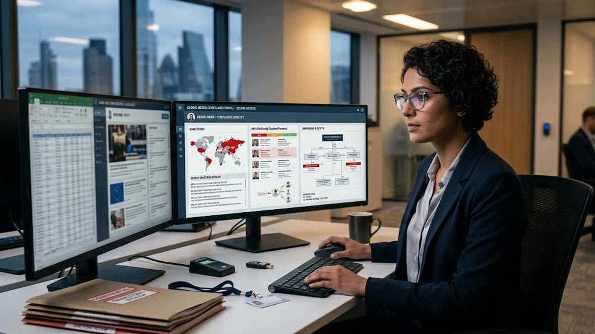 Compliance analyst reviewing sanctions and PEP information for third-party due diligence