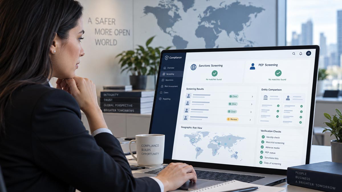 Compliance analyst reviewing sanctions and PEP screening results